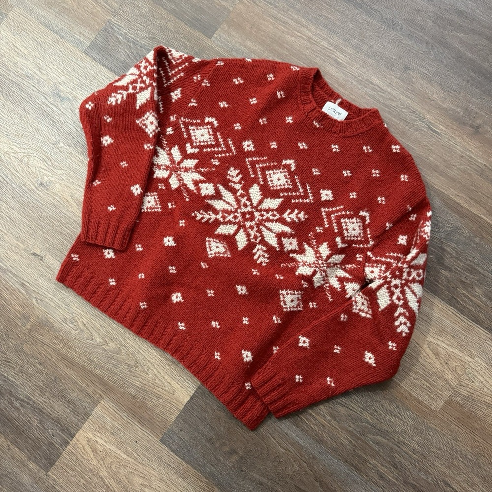 J Crew 100% Will Hand Knit Red Winter Snowflake Sweater Men's Sz S Christmas Hol
